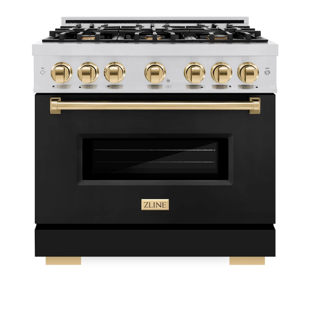 ZLINE Autograph Edition 36 in. 5.2 cu. ft. Classic Gas Range with 6 Burner Cooktop and Convection Gas Oven in Stainless Steel with Black Matte Door and Polished Gold Accents, Open Box-Great Condition - Image 4
