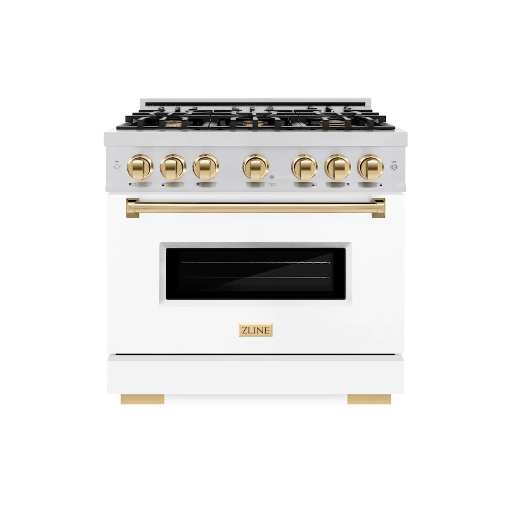 ZLINE Autograph Edition 36 in. 5.2 cu. ft. Classic Gas Range with 6 Burner Cooktop and Convection Gas Oven in Stainless Steel with White Matte Door and Polished Gold Accents, Open Box-Great Condition - Image 3