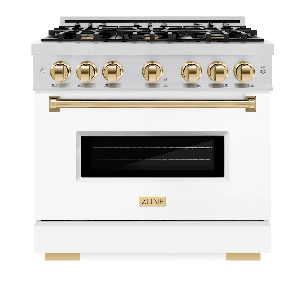 ZLINE Autograph Edition 36 in. 5.2 cu. ft. Classic Gas Range with 6 Burner Cooktop and Convection Gas Oven in Stainless Steel with White Matte Door and Polished Gold Accents, Open Box-Great Condition - Image 4