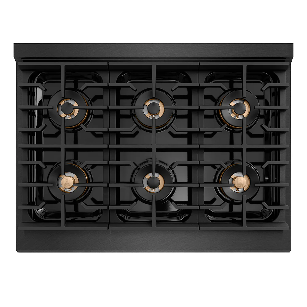ZLINE Autograph Edition 36 in. 5.2 cu. ft. Paramount Dual Fuel Range with 6 Burner DuoPro™ Cooktop and Electric Convection Oven in Black Satin Stainless Steel and Polished Gold Accents, Open Box-Great Condition - Image 2