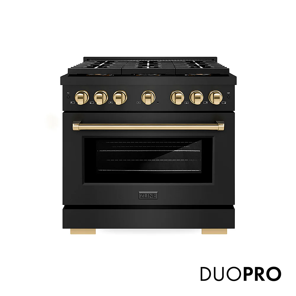 ZLINE Autograph Edition 36 in. 5.2 cu. ft. Paramount Dual Fuel Range with 6 Burner DuoPro™ Cooktop and Electric Convection Oven in Black Stainless Steel and Polished Gold Accents, Open Box-Great Condition