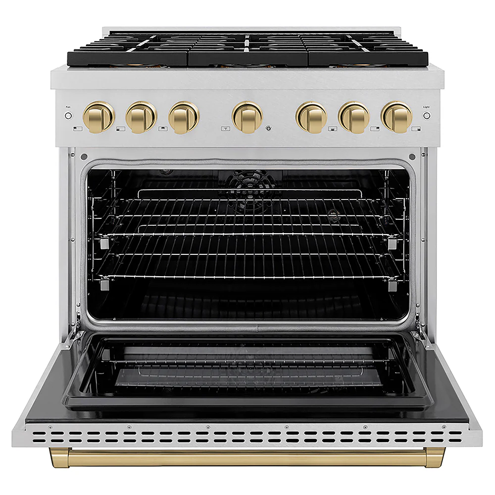 ZLINE Autograph Edition 36 in. 5.2 cu. ft. Paramount Dual Fuel Range with 6 Burner DuoPro™ Cooktop and Electric Convection Oven in Satin Stainless Steel and Champagne Bronze Accents, Open Box-Great Condition - Image 4