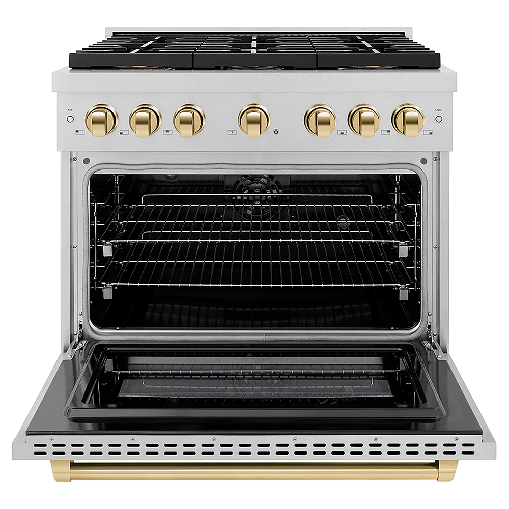 ZLINE Autograph Edition 36 in. 5.2 cu. ft. Paramount Dual Fuel Range with 6 Burner DuoPro™ Cooktop and Electric Convection Oven in Satin Stainless Steel and Polished Gold Accents, Open Box-Great Condition - Image 4