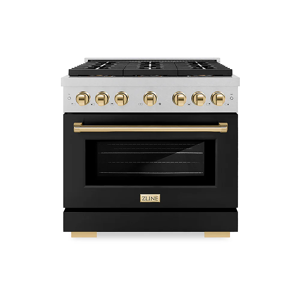 ZLINE Autograph Edition 36 in. 5.2 cu. ft. Paramount Dual Fuel Range with 6 Burner DuoPro™ Cooktop and Electric Convection Oven in Satin Stainless Steel with Black Matte Door and Polished Gold Accents, Open Box-Great Condition - Image 3