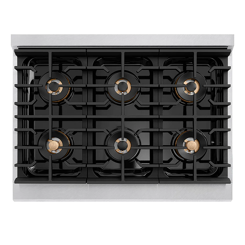 ZLINE Autograph Edition 36 in. 5.2 cu. ft. Paramount Dual Fuel Range with 6 Burner DuoPro™ Cooktop and Electric Convection Oven in Satin Stainless Steel with White Matte Door and Champagne Bronze Accents, Open Box-Great Condition - Image 2