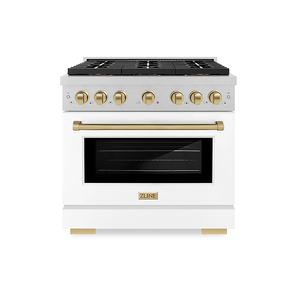 ZLINE Autograph Edition 36 in. 5.2 cu. ft. Paramount Dual Fuel Range with 6 Burner DuoPro™ Cooktop and Electric Convection Oven in Satin Stainless Steel with White Matte Door and Champagne Bronze Accents, Open Box-Great Condition - Image 3