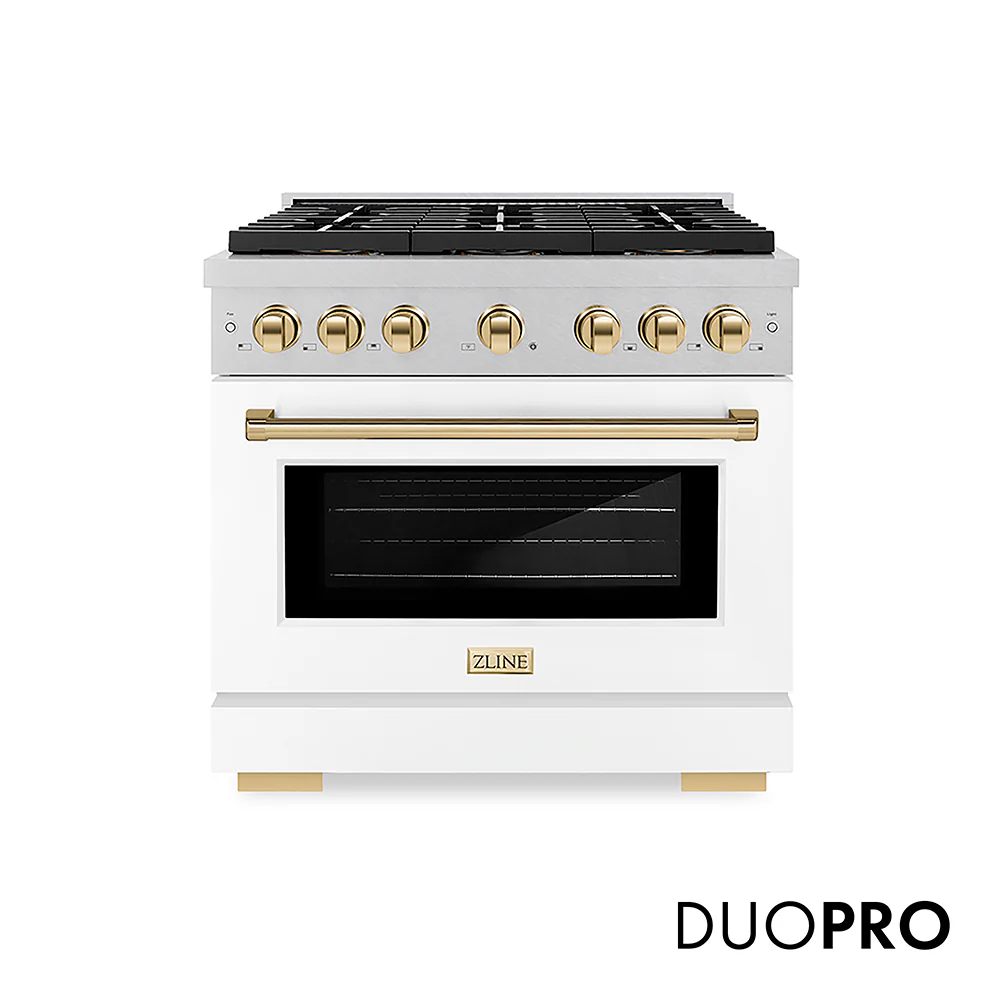 ZLINE Autograph Edition 36 in. 5.2 cu. ft. Paramount Dual Fuel Range with 6 Burner DuoPro™ Cooktop and Electric Convection Oven in Satin Stainless Steel with White Matte Door and Polished Gold Accents, Open Box-Great Condition