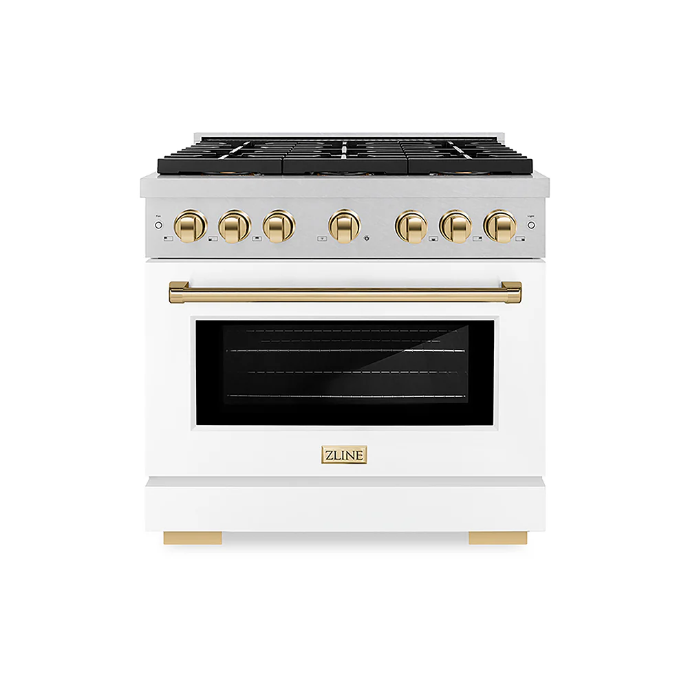 ZLINE Autograph Edition 36 in. 5.2 cu. ft. Paramount Dual Fuel Range with 6 Burner DuoPro™ Cooktop and Electric Convection Oven in Satin Stainless Steel with White Matte Door and Polished Gold Accents, Open Box-Great Condition - Image 3