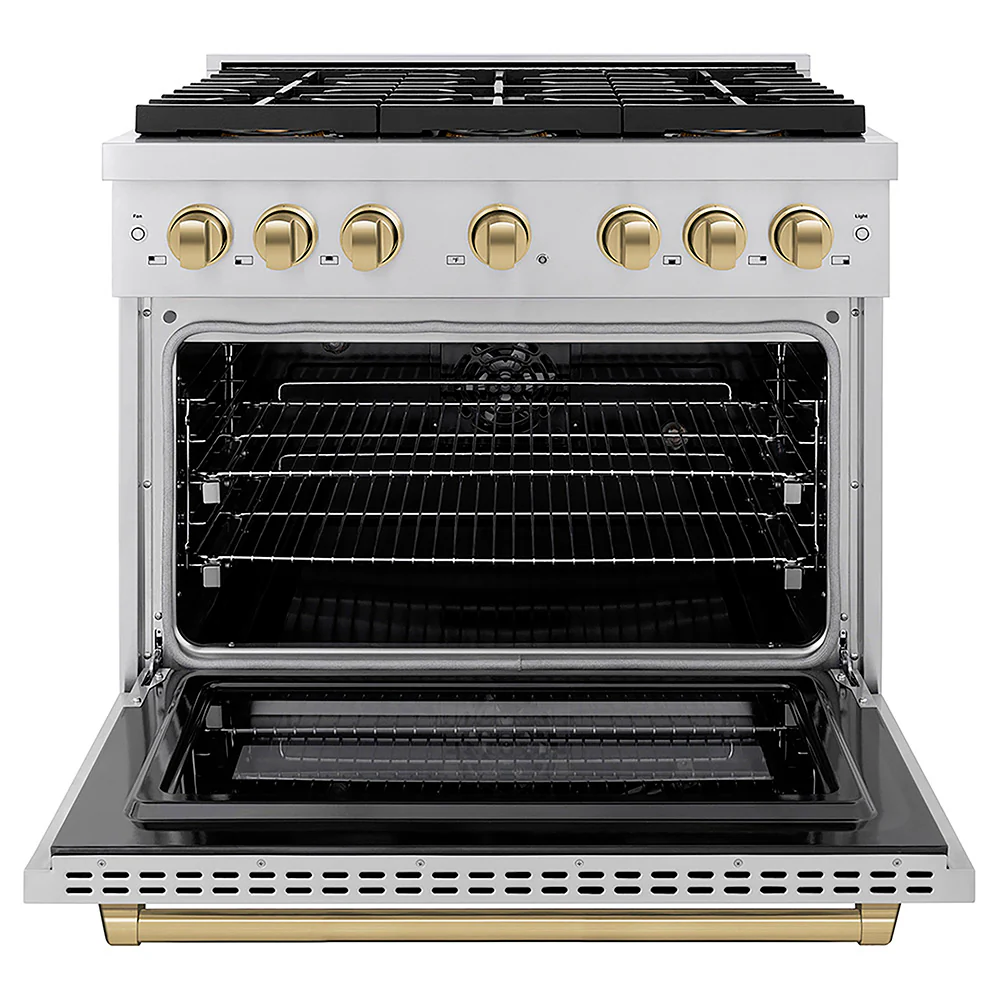 ZLINE Autograph Edition 36 in. 5.2 cu. ft. Paramount Dual Fuel Range with 6 Burner DuoPro™ Cooktop and Electric Convection Oven in Stainless Steel and Champagne Bronze Accents, Open Box-Great Condition - Image 4