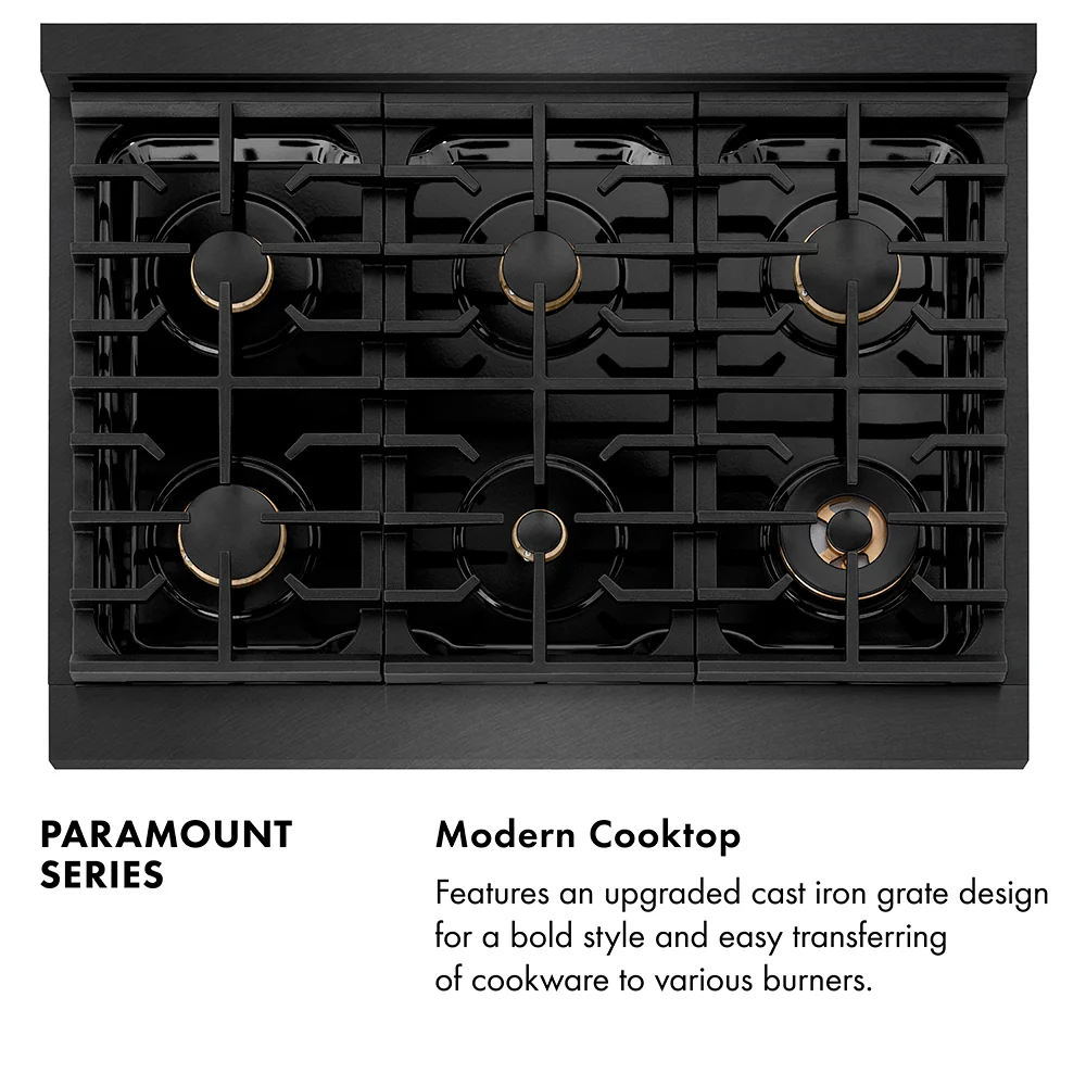 ZLINE Autograph Edition 36 in. 5.2 cu. ft. Paramount Dual Fuel Range with 6 Burner Gas Cooktop and Electric Convection Oven in Black Satin Stainless Steel with Polished Gold Accents, Open Box-Great Condition - Image 15