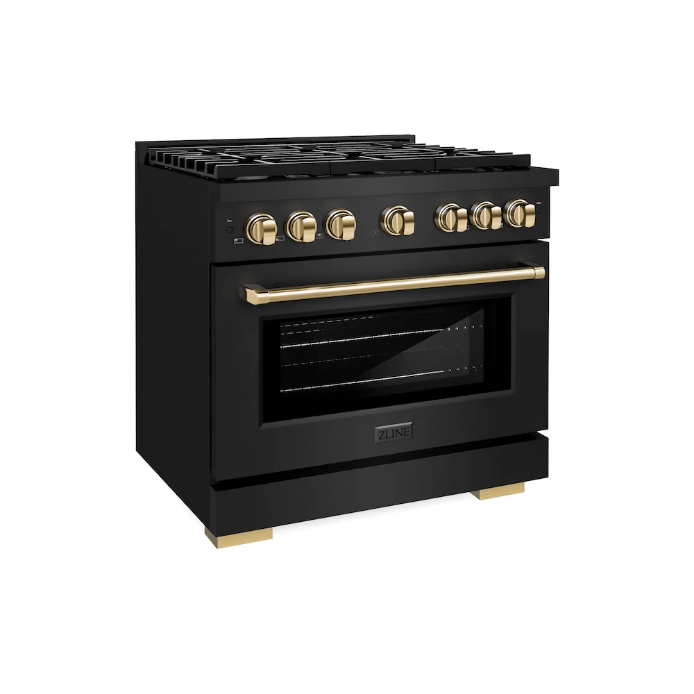 ZLINE Autograph Edition 36 in. 5.2 cu. ft. Paramount Dual Fuel Range with 6 Burner Gas Cooktop and Electric Convection Oven in Black Stainless Steel with Polished Gold Accents, Open Box-Great Condition