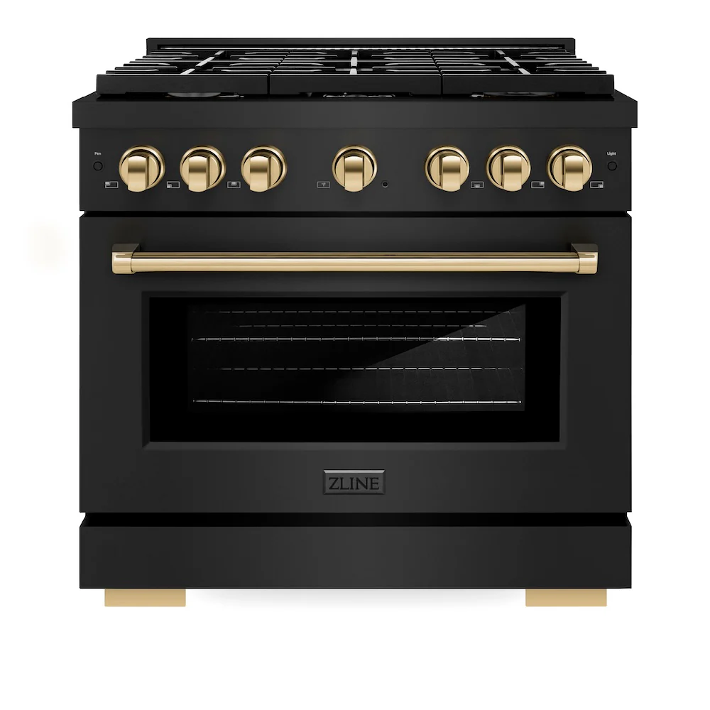 ZLINE Autograph Edition 36 in. 5.2 cu. ft. Paramount Dual Fuel Range with 6 Burner Gas Cooktop and Electric Convection Oven in Black Stainless Steel with Polished Gold Accents, Open Box-Great Condition - Image 4