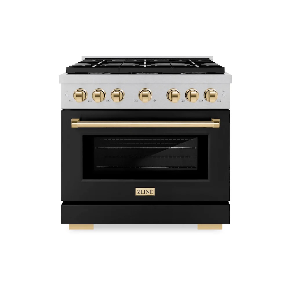 ZLINE Autograph Edition 36 in. 5.2 cu. ft. Paramount Dual Fuel Range with 6 Burner Gas Cooktop and Electric Convection Oven in Satin Stainless Steel with Black Matte Door and Polished Gold Accents, Open Box-Great Condition - Image 3