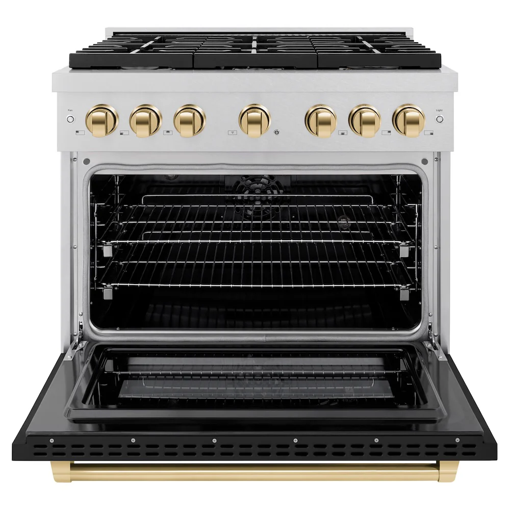 ZLINE Autograph Edition 36 in. 5.2 cu. ft. Paramount Dual Fuel Range with 6 Burner Gas Cooktop and Electric Convection Oven in Satin Stainless Steel with Black Matte Door and Polished Gold Accents, Open Box-Great Condition - Image 5