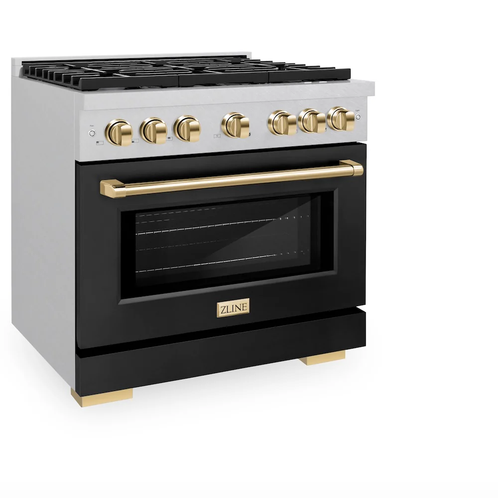 ZLINE Autograph Edition 36 in. 5.2 cu. ft. Paramount Dual Fuel Range with 6 Burner Gas Cooktop and Electric Convection Oven in Satin Stainless Steel with Black Matte Door and Polished Gold Accents, Open Box-Great Condition - Image 6