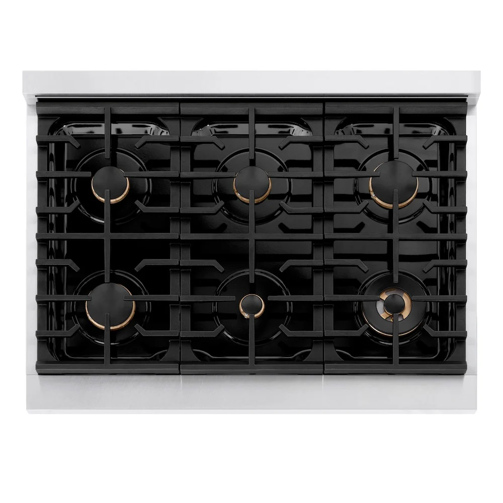 ZLINE Autograph Edition 36 in. 5.2 cu. ft. Paramount Dual Fuel Range with 6 Burner Gas Cooktop and Electric Convection Oven in Satin Stainless Steel with White Matte Door and Champagne Bronze Accents, Open Box-Great Condition - Image 2