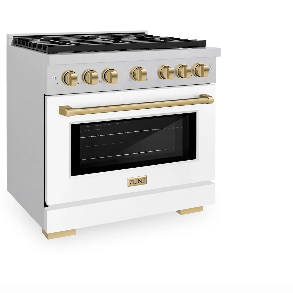 ZLINE Autograph Edition 36 in. 5.2 cu. ft. Paramount Dual Fuel Range with 6 Burner Gas Cooktop and Electric Convection Oven in Satin Stainless Steel with White Matte Door and Champagne Bronze Accents, Open Box-Great Condition - Image 6