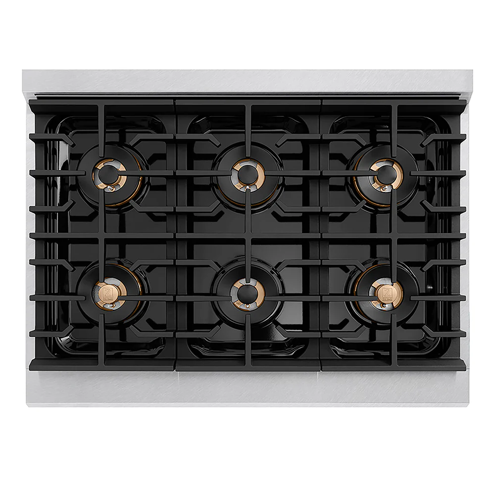 ZLINE Autograph Edition 36 in. 5.2 cu. ft. Paramount Gas Range with 6 Burner DuoPro™ Cooktop and Convection Gas Oven in Satin Stainless Steel with Black Matte Door and Polished Gold Accents, Open Box-Great Condition - Image 2