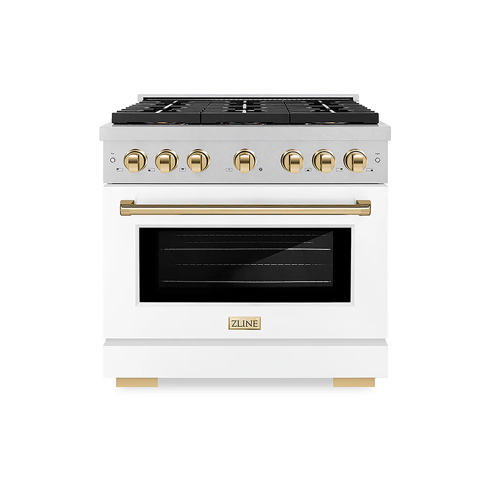 ZLINE Autograph Edition 36 in. 5.2 cu. ft. Paramount Gas Range with 6 Burner DuoPro™ Cooktop and Convection Gas Oven in Satin Stainless Steel with White Matte Door and Polished Gold Accents, Open Box-Great Condition - Image 3