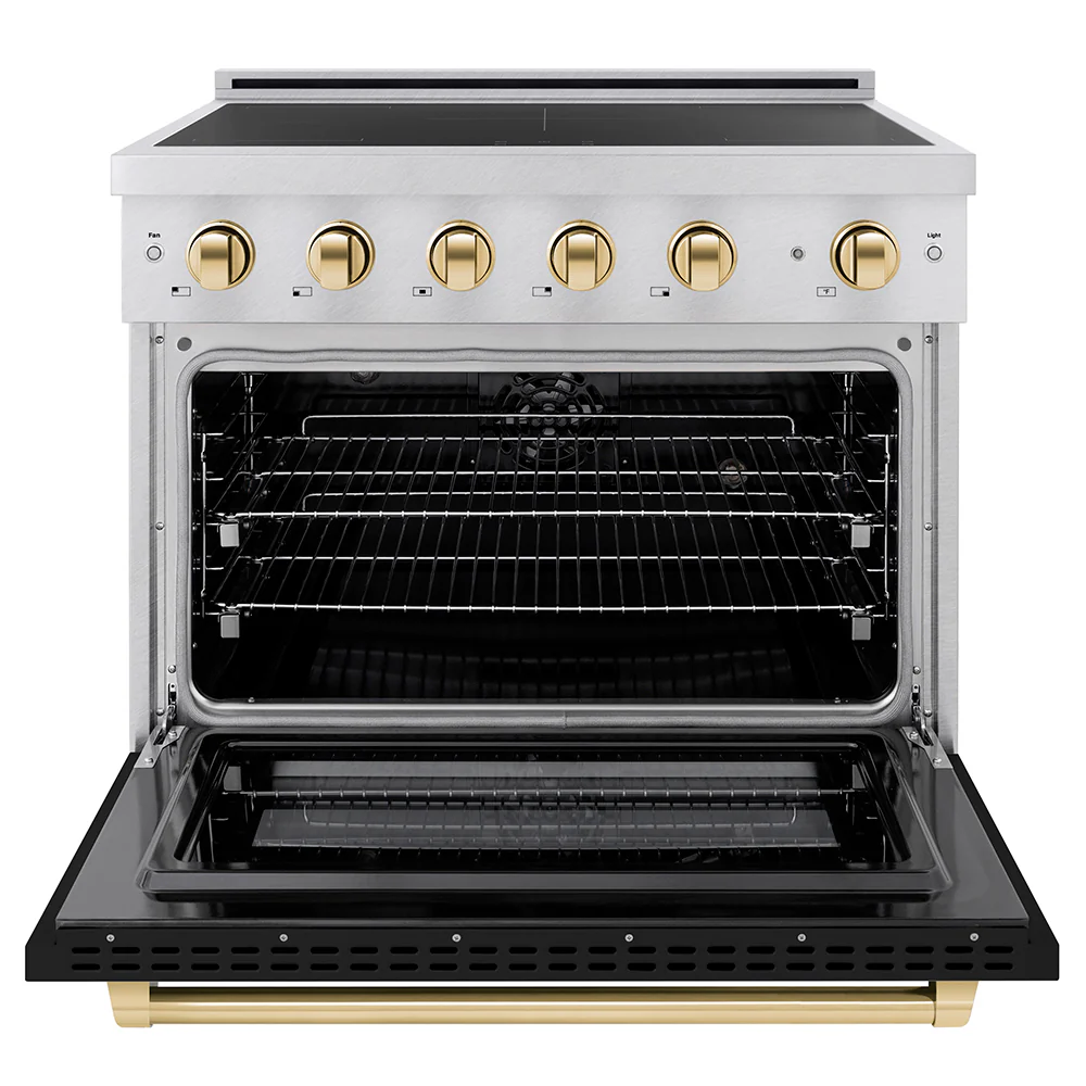 ZLINE Autograph Edition 36 in. 5.2 cu. ft. Paramount Induction Range with 5 Element Cooktop and Electric Convection Oven in Satin Stainless Steel with Black Matte Door and Polished Gold Accents, Open Box-Great Condition - Image 3