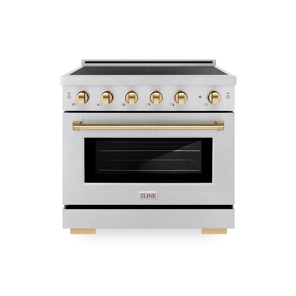 ZLINE Autograph Edition 36 in. 5.2 cu. ft. Paramount Induction Range with 5 Element Cooktop and Electric Convection Oven in Satin Stainless Steel with Polished Gold Accents, Open Box-Great Condition
