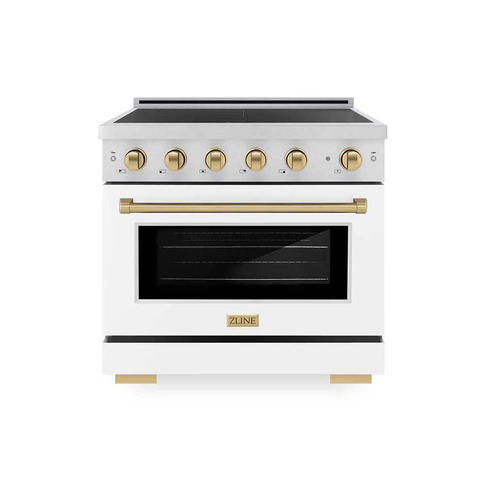 ZLINE Autograph Edition 36 in. 5.2 cu. ft. Paramount Induction Range with 5 Element Cooktop and Electric Convection Oven in Satin Stainless Steel with White Matte Door and Champagne Bronze Accents, Open Box-Great Condition