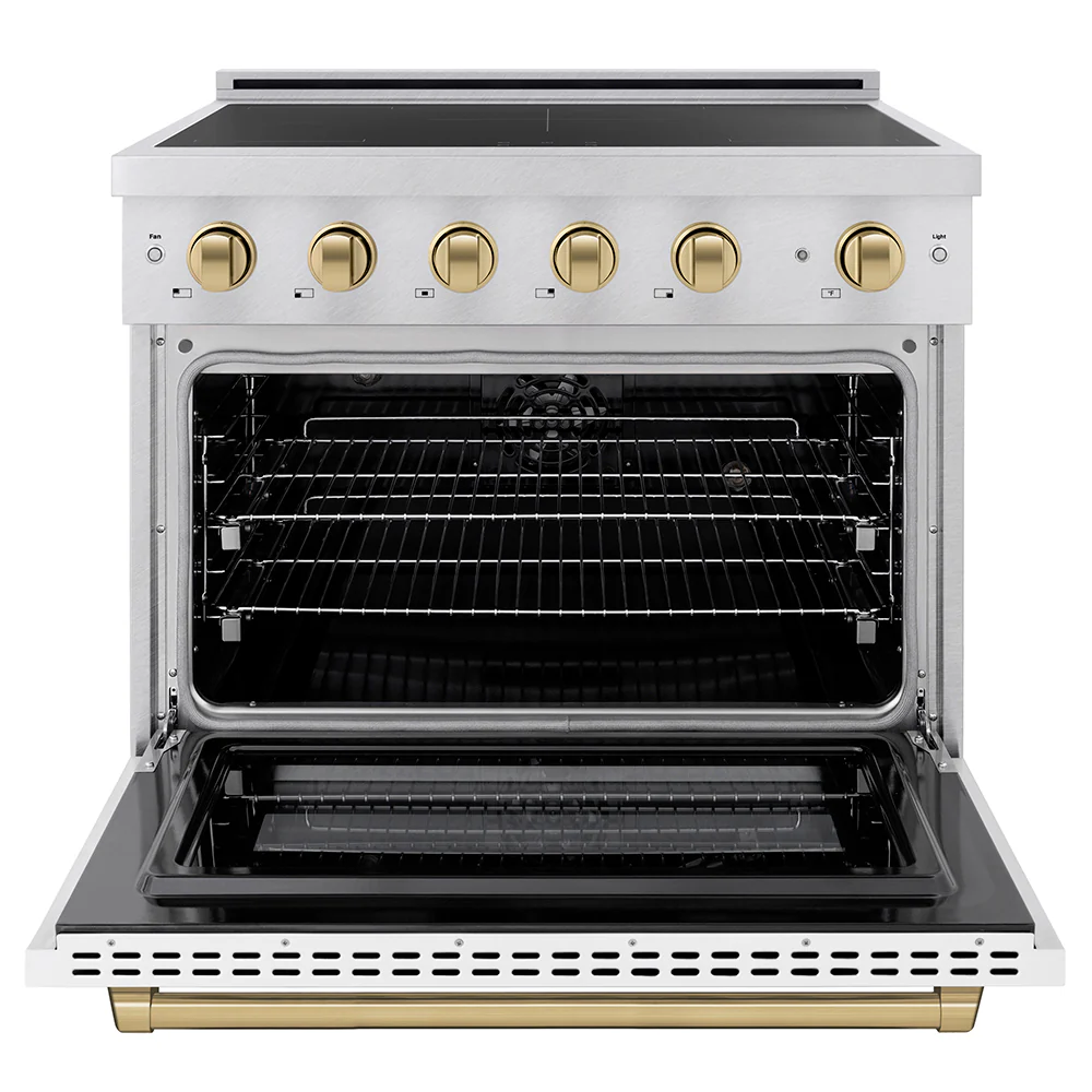 ZLINE Autograph Edition 36 in. 5.2 cu. ft. Paramount Induction Range with 5 Element Cooktop and Electric Convection Oven in Satin Stainless Steel with White Matte Door and Champagne Bronze Accents (SINRSZ-WM-36-CB) - Image 3