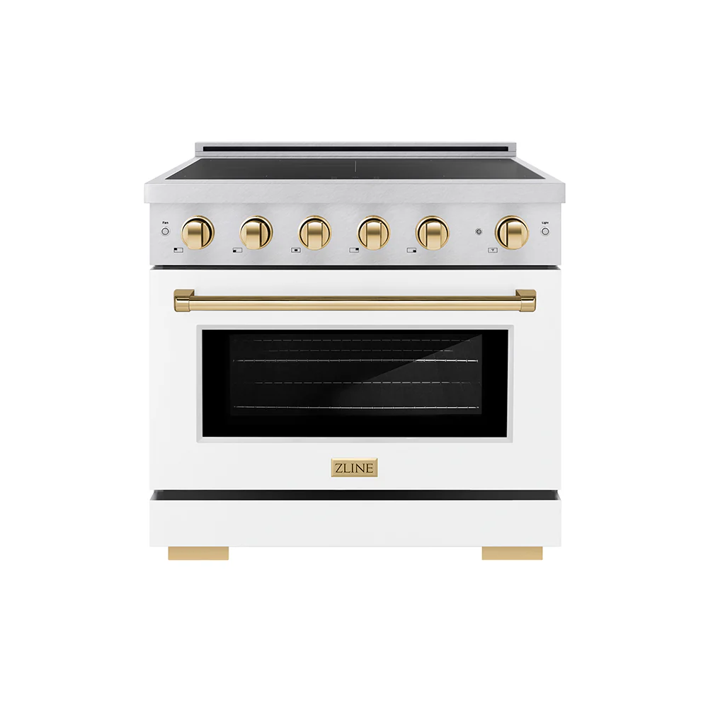 ZLINE Autograph Edition 36 in. 5.2 cu. ft. Paramount Induction Range with 5 Element Cooktop and Electric Convection Oven in Satin Stainless Steel with White Matte Door and Polished Gold Accents (SINRSZ-WM-36-G)