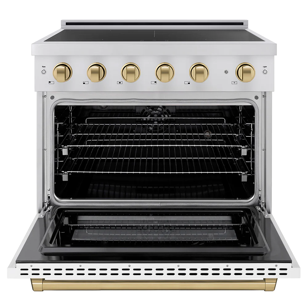 ZLINE Autograph Edition 36 in. 5.2 cu. ft. Paramount Induction Range with 5 Element Cooktop and Electric Convection Oven in Stainless Steel with White Matte Door and Champagne Bronze Accents, Open Box-Great Condition - Image 3