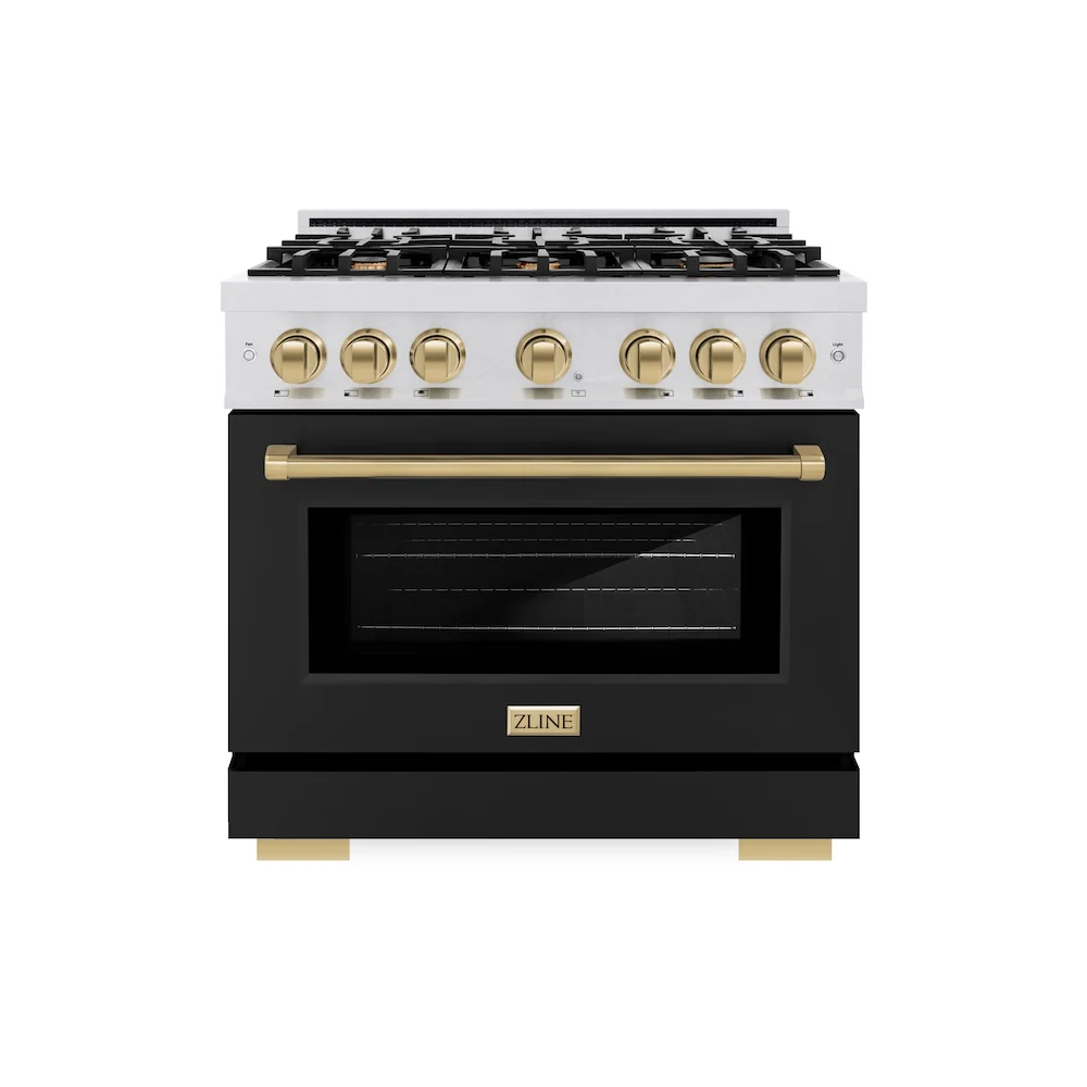 ZLINE Autograph Edition 36 in. 5.2 cu. ft. Select Dual Fuel Range with 6 Burner Gas Cooktop and Electric Convection Oven in Satin Stainless Steel with Black Matte Door and Champagne Bronze Accents, Open Box-Great Condition - Image 3