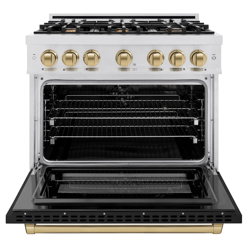 ZLINE Autograph Edition 36 in. 5.2 cu. ft. Select Dual Fuel Range with 6 Burner Gas Cooktop and Electric Convection Oven in Satin Stainless Steel with Black Matte Door and Champagne Bronze Accents, Open Box-Great Condition - Image 5