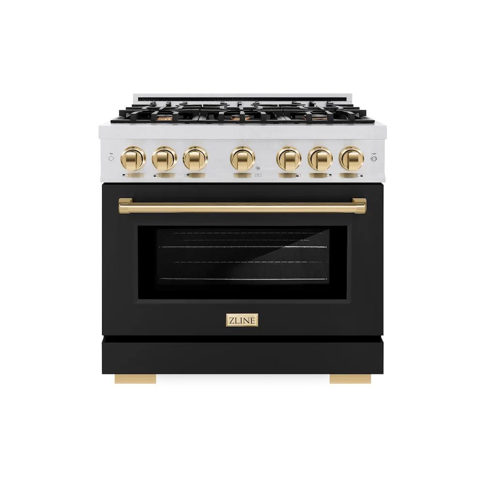 ZLINE Autograph Edition 36 in. 5.2 cu. ft. Select Dual Fuel Range with 6 Burner Gas Cooktop and Electric Convection Oven in Satin Stainless Steel with Black Matte Door and Polished Gold Accents, Open Box-Great Condition - Image 3