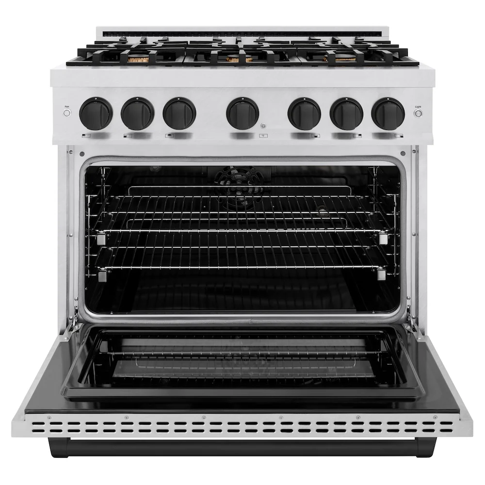 ZLINE Autograph Edition 36 in. 5.2 cu. ft. Select Dual Fuel Range with 6 Burner Gas Cooktop and Electric Convection Oven in Satin Stainless Steel with Matte Black Accents, Open Box-Great Condition - Image 5