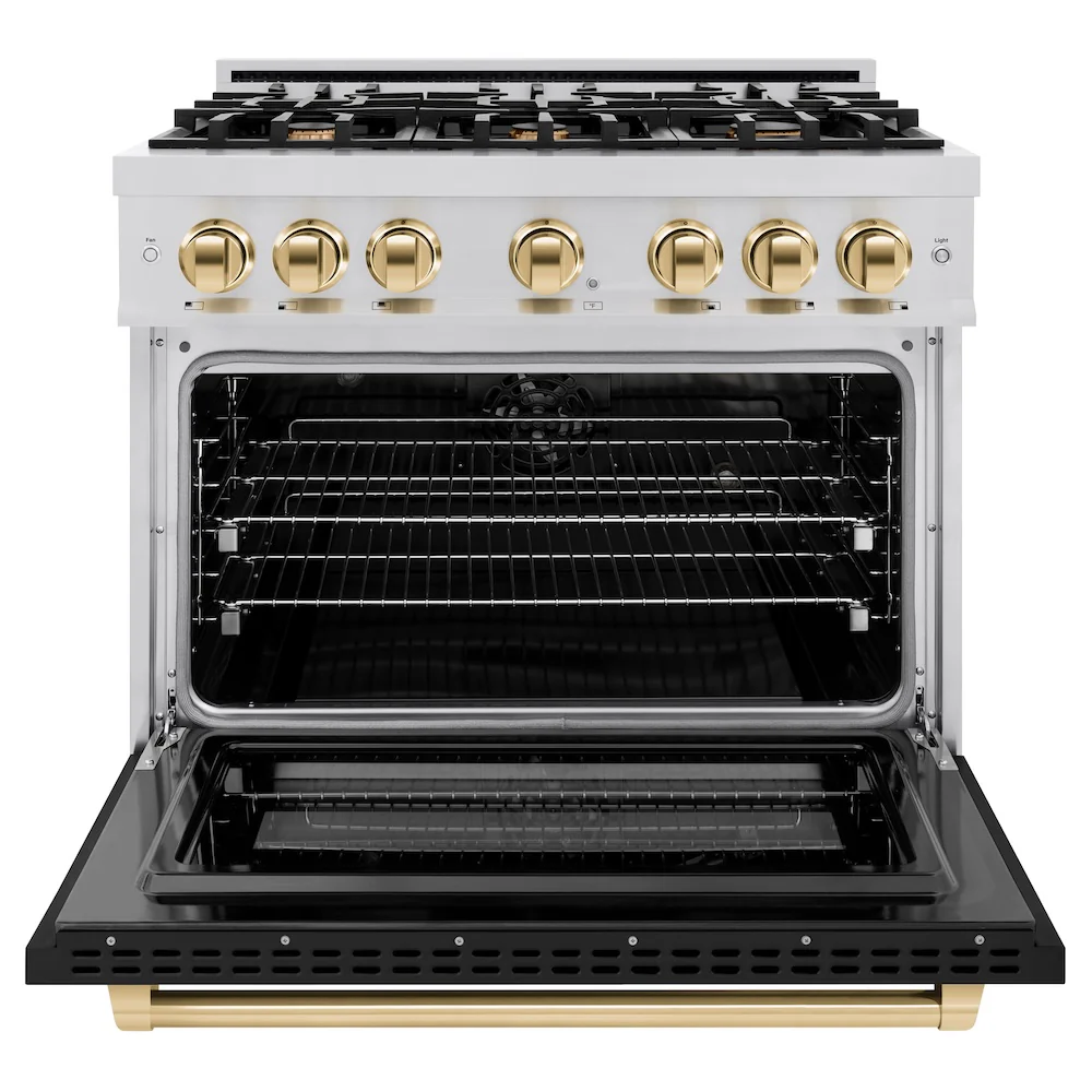 ZLINE Autograph Edition 36 in. 5.2 cu. ft. Select Dual Fuel Range with 6 Burner Gas Cooktop and Electric Convection Oven in Stainless Steel with Black Matte Door and Polished Gold Accents, Open Box-Great Condition - Image 5