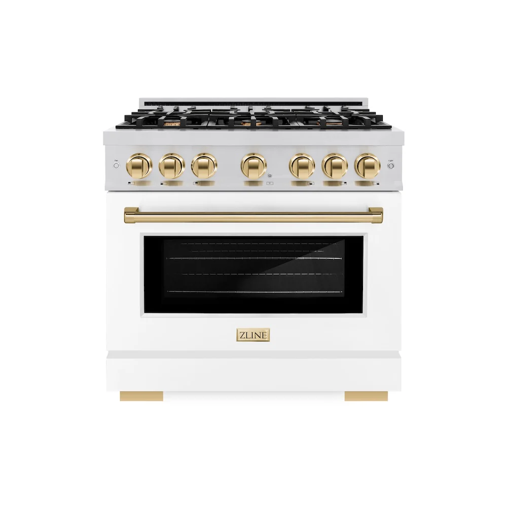 ZLINE Autograph Edition 36 in. 5.2 cu. ft. Select Dual Fuel Range with 6 Burner Gas Cooktop and Electric Convection Oven in Stainless Steel with White Matte Door and Polished Gold Accents, Open Box-Great Condition - Image 3