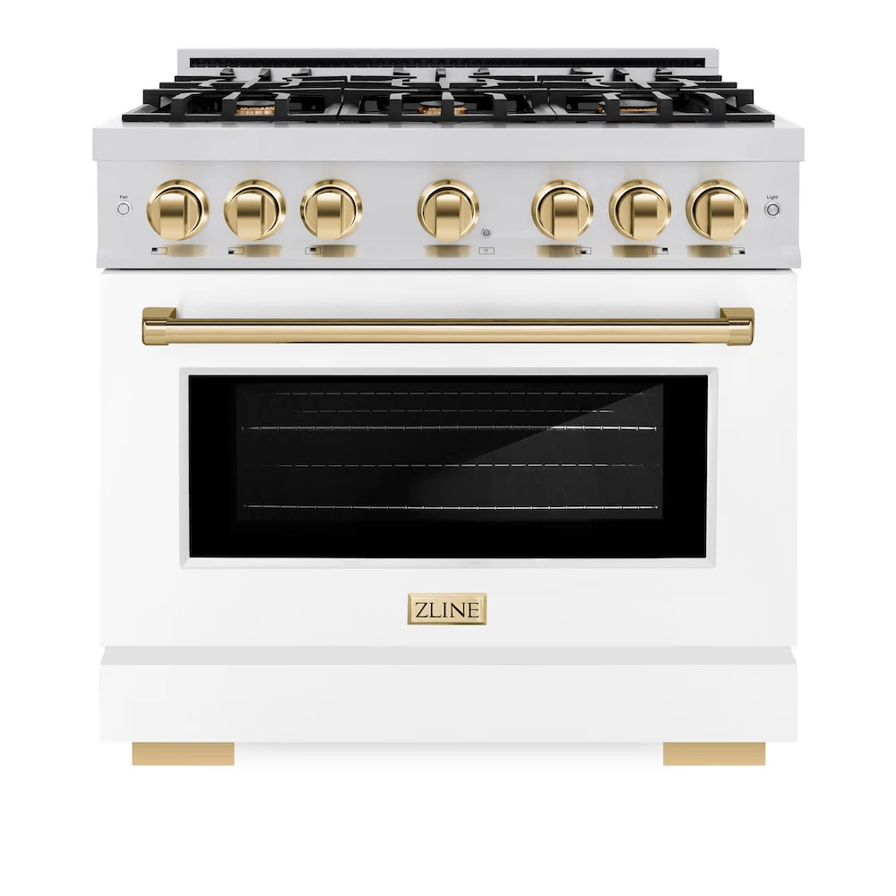 ZLINE Autograph Edition 36 in. 5.2 cu. ft. Select Dual Fuel Range with 6 Burner Gas Cooktop and Electric Convection Oven in Stainless Steel with White Matte Door and Polished Gold Accents, Open Box-Great Condition - Image 4