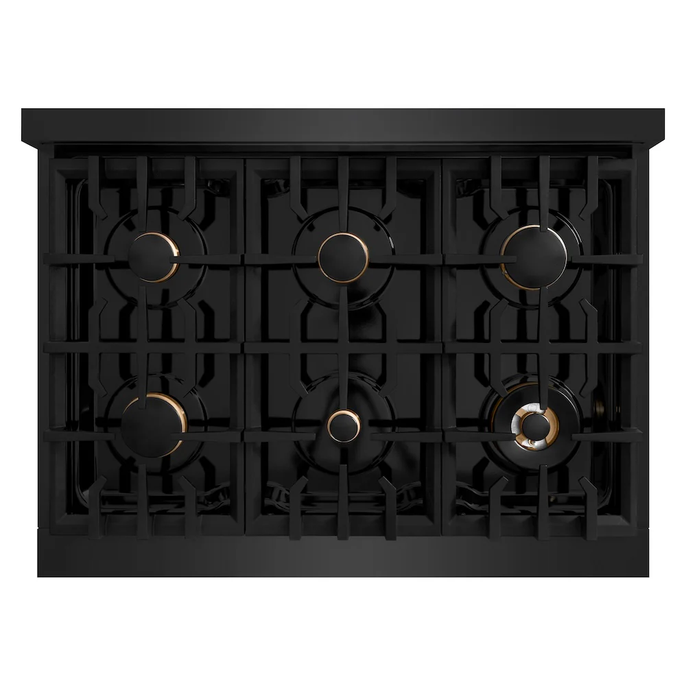 ZLINE Autograph Edition 36 in. 5.2 cu. ft. Select Gas Range with 6 Burner Cooktop and Convection Gas Oven in Black Stainless Steel and Champagne Bronze Accents, Open Box-Great Condition - Image 2