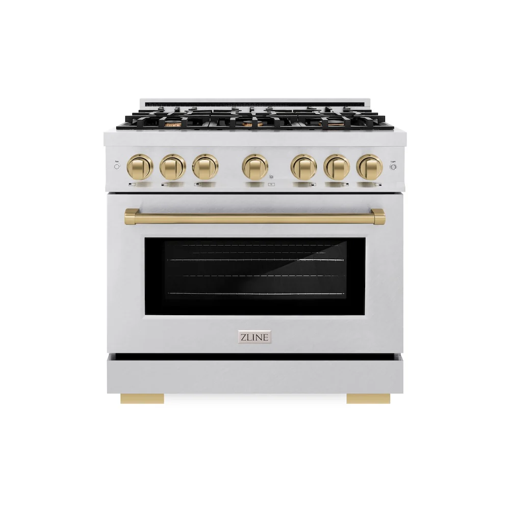 ZLINE Autograph Edition 36 in. 5.2 cu. ft. Select Gas Range with 6 Burner Cooktop and Convection Gas Oven in Satin Stainless Steel and Champagne Bronze Accents, Open Box-Great Condition - Image 3