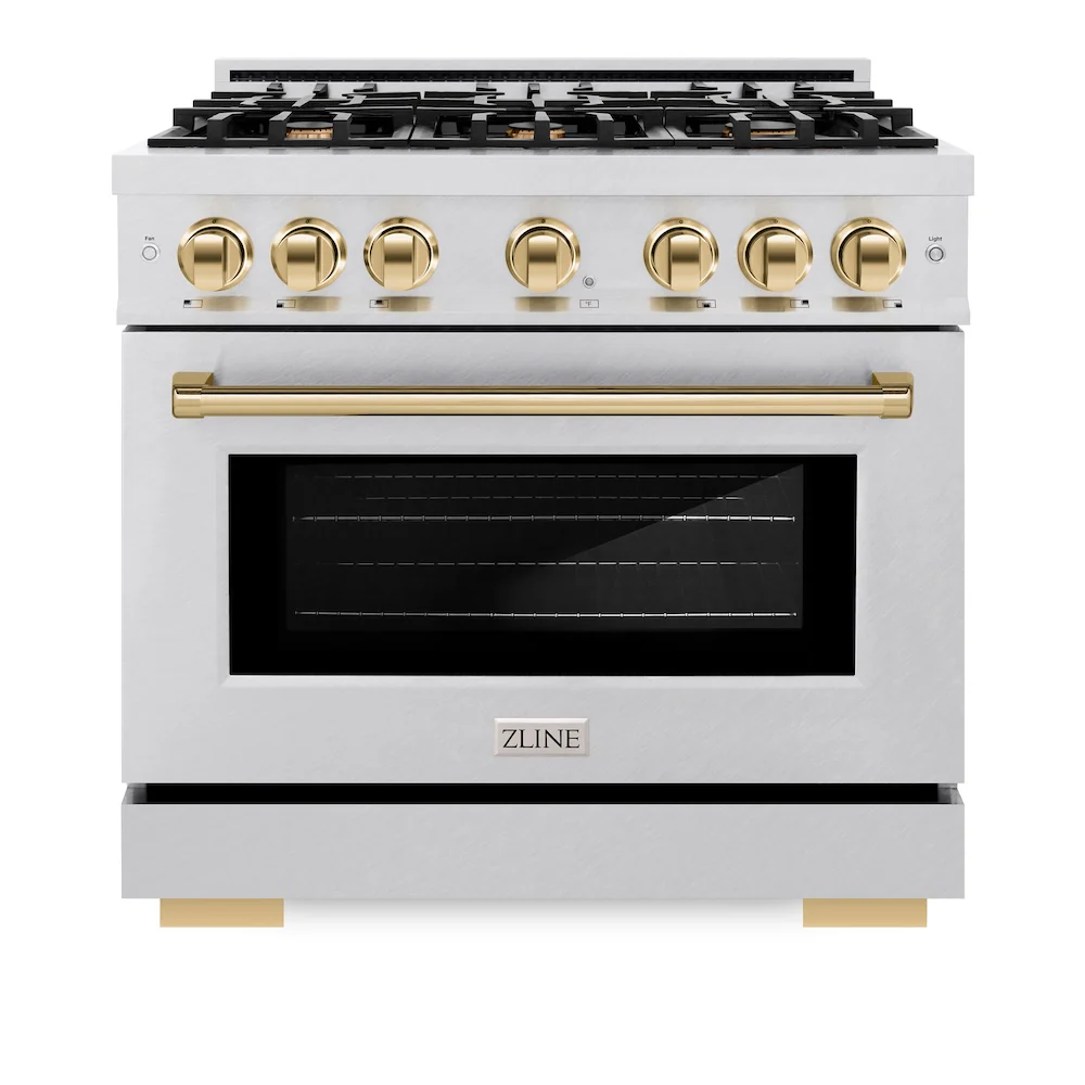 ZLINE Autograph Edition 36 in. 5.2 cu. ft. Select Gas Range with 6 Burner Cooktop and Convection Gas Oven in Satin Stainless Steel and Polished Gold Accents, Open Box-Great Condition - Image 4