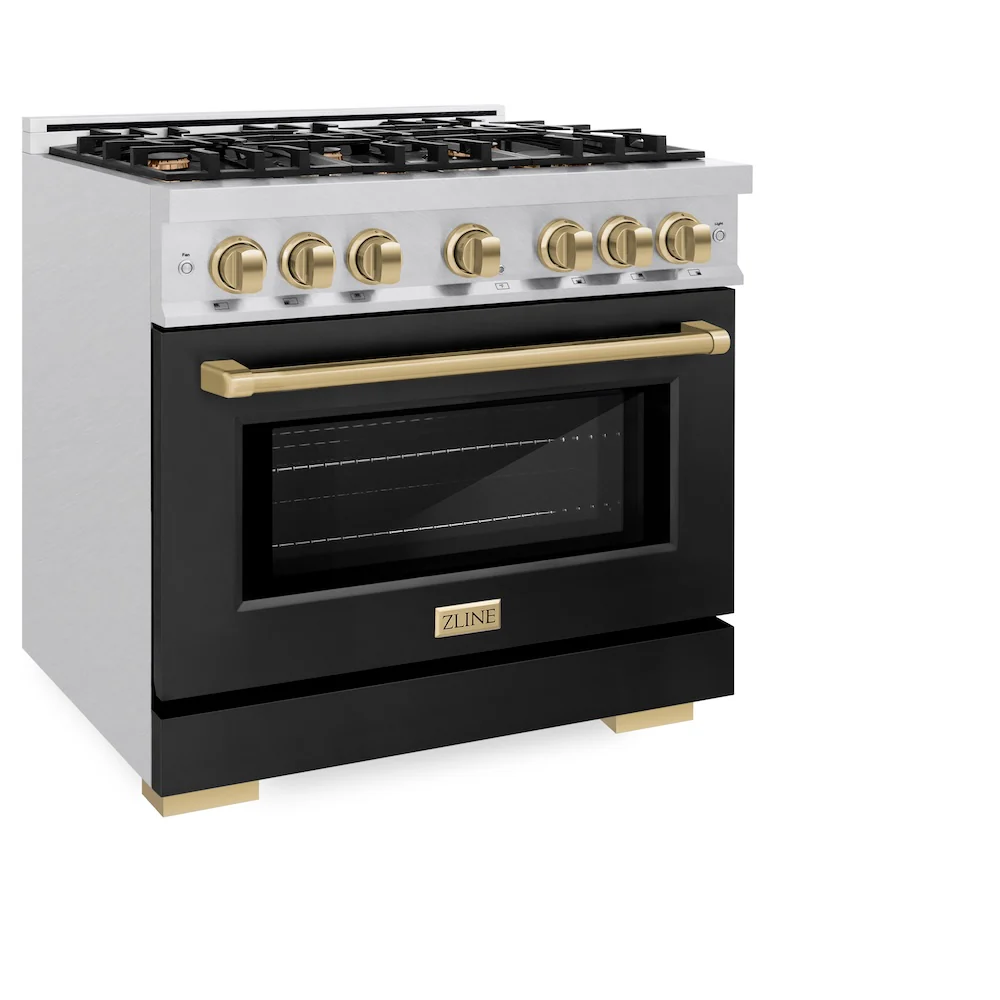 ZLINE Autograph Edition 36 in. 5.2 cu. ft. Select Gas Range with 6 Burner Cooktop and Convection Gas Oven in Satin Stainless Steel with Black Matte Door and Champagne Bronze Accents, Open Box-Great Condition - Image 6
