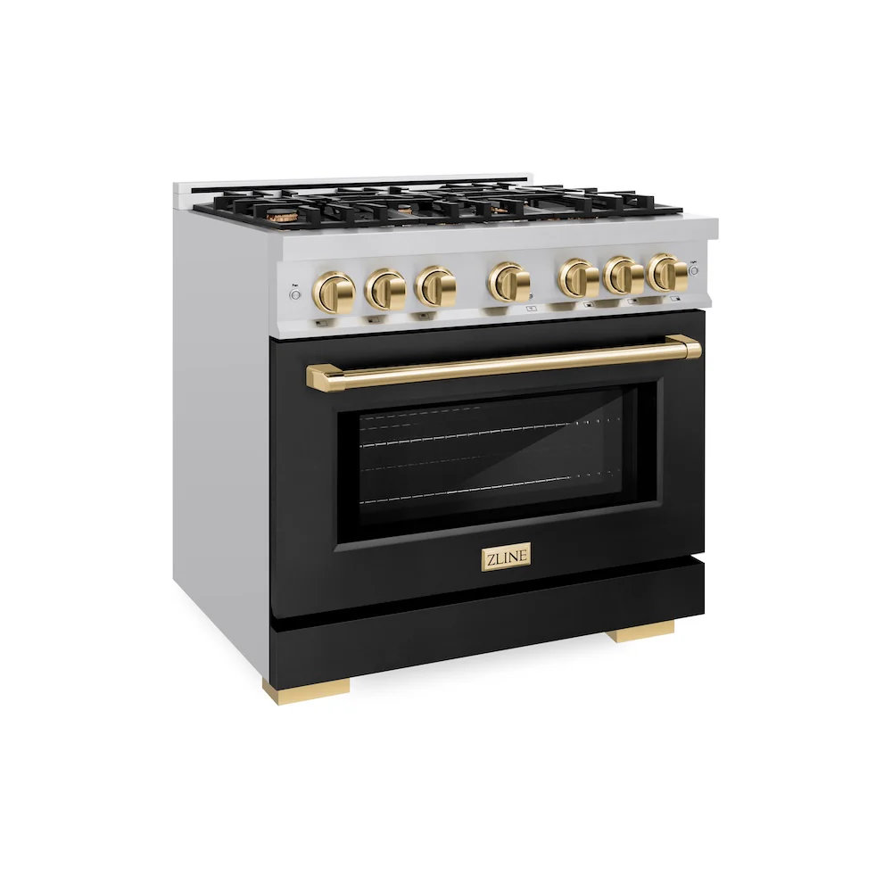 ZLINE Autograph Edition 36 in. 5.2 cu. ft. Select Gas Range with 6 Burner Cooktop and Convection Gas Oven in Stainless Steel with Black Matte Door and Polished Gold Accents, Open Box-Great Condition