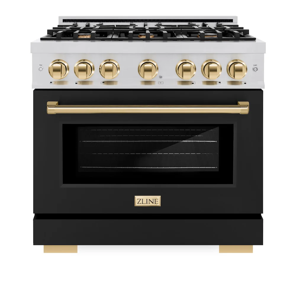 ZLINE Autograph Edition 36 in. 5.2 cu. ft. Select Gas Range with 6 Burner Cooktop and Convection Gas Oven in Stainless Steel with Black Matte Door and Polished Gold Accents, Open Box-Great Condition - Image 4
