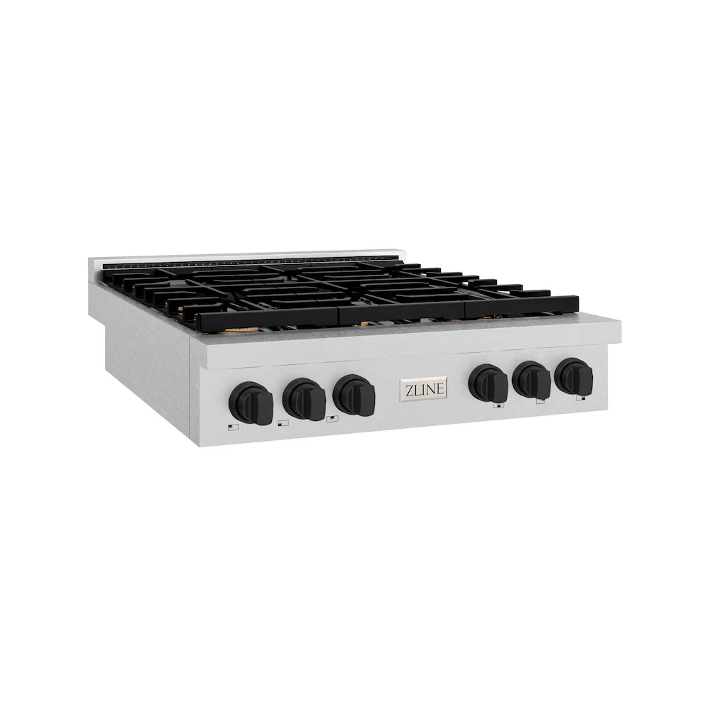 ZLINE Autograph Edition 36 in. Paramount Gas Rangetop with 6 Burners and Porcelain Cooktop in Satin Stainless Steel with Matte Black Accents, Open Box-Great Condition