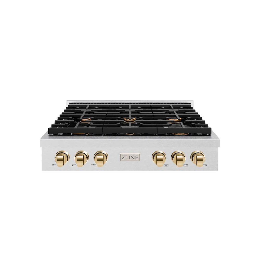 ZLINE Autograph Edition 36 in. Paramount Gas Rangetop with 6 Burners and Porcelain Cooktop in Satin Stainless Steel with Polished Gold Accents, Open Box-Great Condition - Image 3
