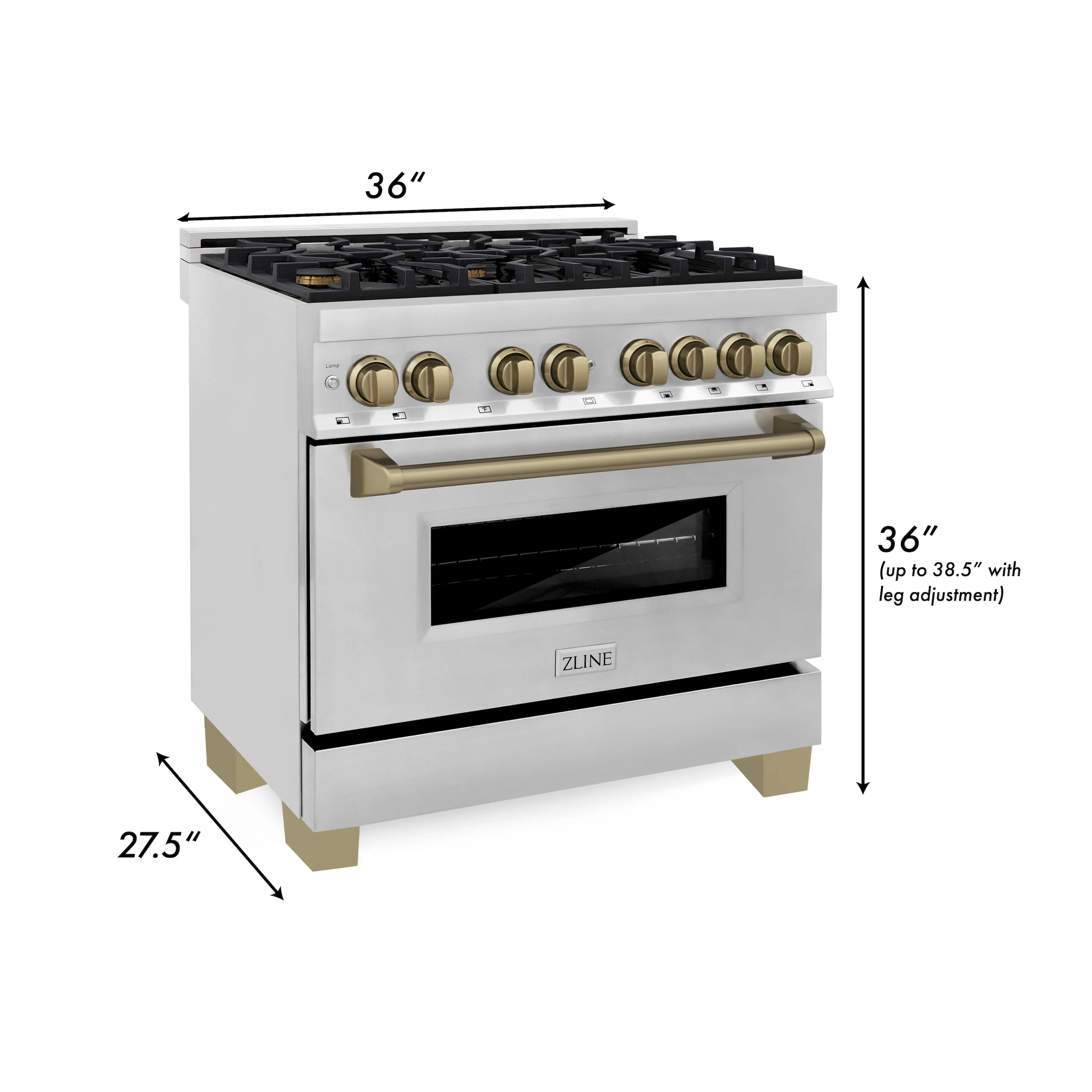 ZLINE 36 in. Autograph Edition Kitchen Package with Stainless Steel Dual Fuel Range, Range Hood, Dishwasher and Refrigeration with Champagne Bronze Accents - Image 8