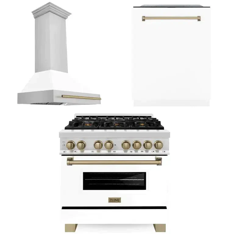ZLINE 36 in. Autograph Edition Kitchen Package with Stainless Steel Dual Fuel Range with White Matte Door, Range Hood and Dishwasher with Champagne Bronze Accents