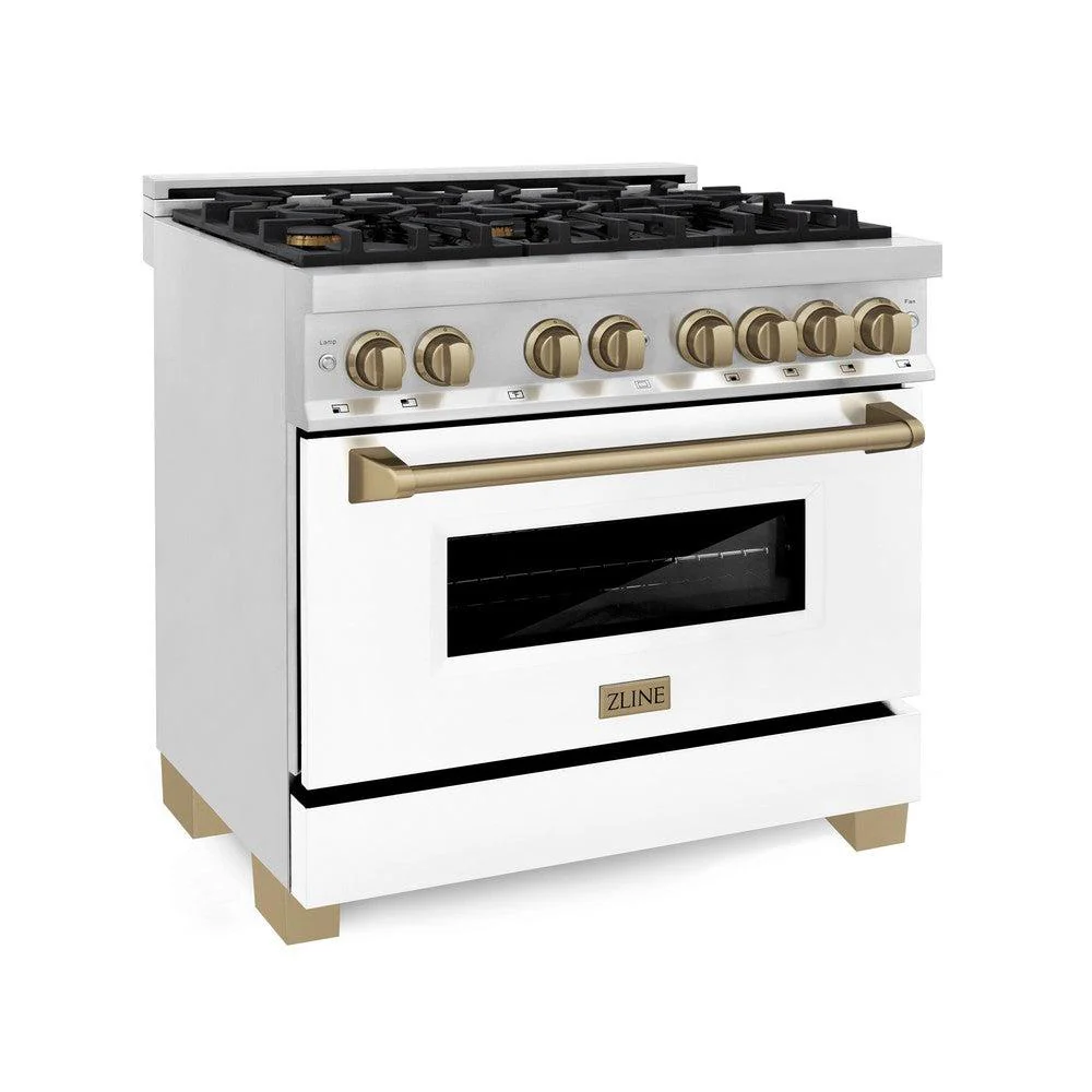 ZLINE 36 in. Autograph Edition Kitchen Package with Stainless Steel Dual Fuel Range with White Matte Door, Range Hood and Dishwasher with Champagne Bronze Accents - Image 2