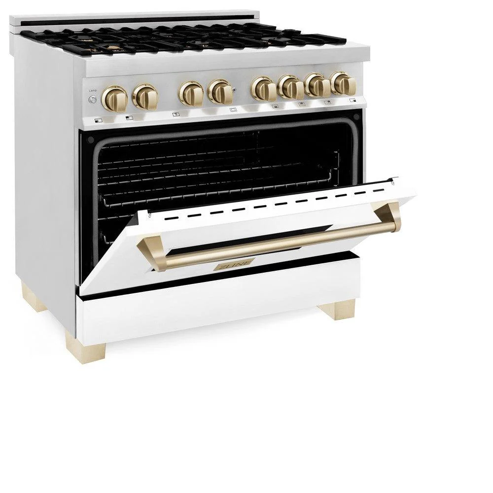 ZLINE Autograph Edition 36 in. Kitchen Package with Stainless Steel Dual Fuel Range with White Matte Door and Range Hood with Polished Gold Accents (2AKP-RAWMRH36-G) - Image 4