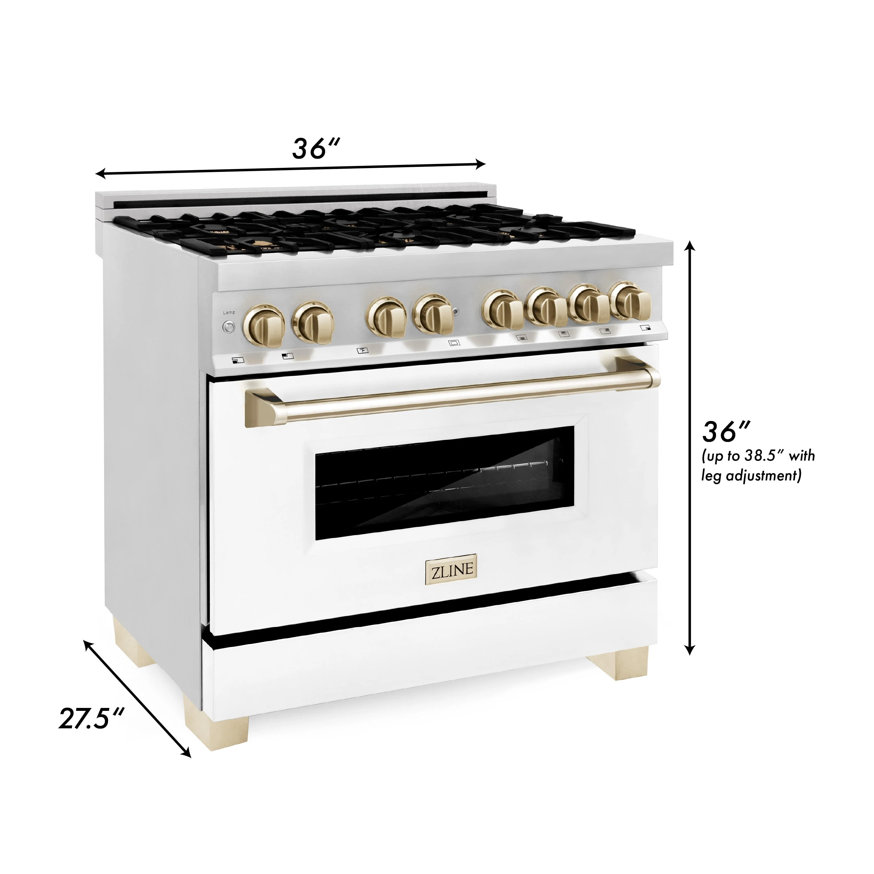 ZLINE Autograph Edition 36 in. Kitchen Package with Stainless Steel Dual Fuel Range with White Matte Door and Range Hood with Polished Gold Accents (2AKP-RAWMRH36-G) - Image 8