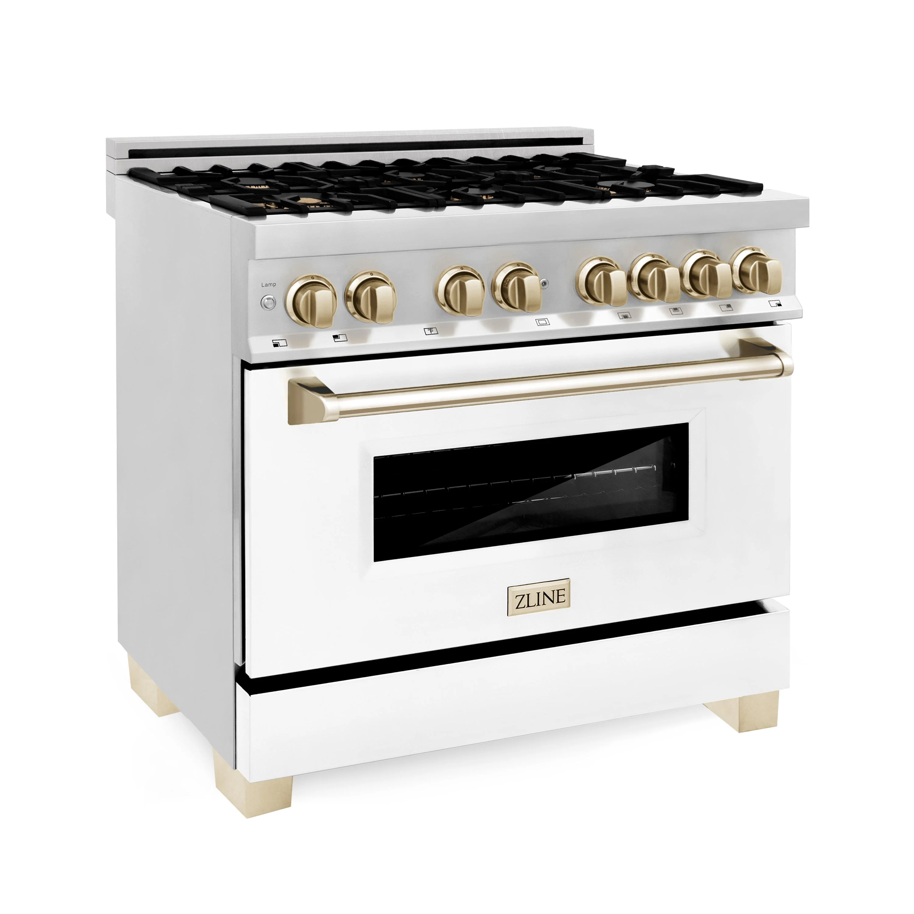 ZLINE 36 in. Autograph Edition Kitchen Package with Stainless Steel Dual Fuel Range with White Matte Door, Range Hood and Dishwasher with Polished Gold Accents - Image 2